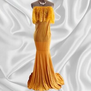 Elegant Off-Shoulder Mustard Yellow Lace Ruffle Maxi Dress